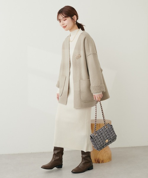 natural couture（ナチュラルクチュール）の「フェイクリングウールリバーシブルトッパー（ノーカラーコート・レディース・モカ/ライトベージュ/グレー/ブラック・FREE）」の19枚目の写真