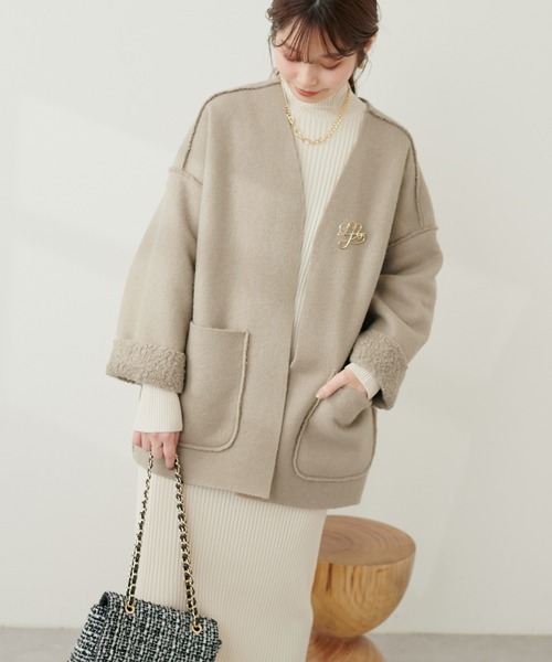 natural couture（ナチュラルクチュール）の「フェイクリングウールリバーシブルトッパー（ノーカラーコート・レディース・モカ/ライトベージュ/グレー/ブラック・FREE）」の18枚目の写真