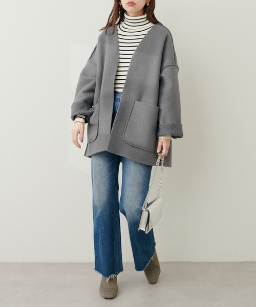 natural couture（ナチュラルクチュール）の「フェイクリングウールリバーシブルトッパー（ノーカラーコート・レディース・モカ/ライトベージュ/グレー/ブラック・FREE）」の13枚目の写真