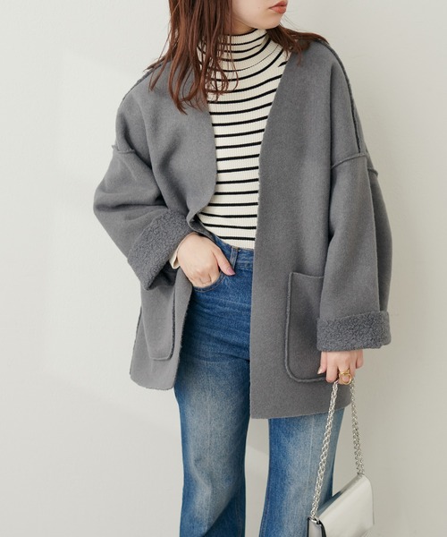 natural couture（ナチュラルクチュール）の「フェイクリングウールリバーシブルトッパー（ノーカラーコート・レディース・モカ/ライトベージュ/グレー/ブラック・FREE）」の12枚目の写真