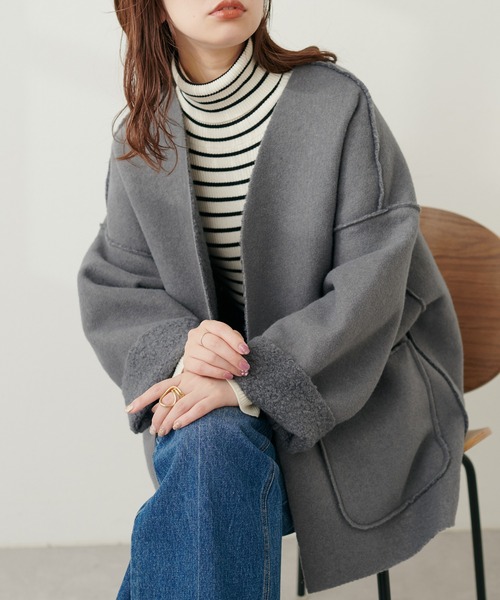 natural couture（ナチュラルクチュール）の「フェイクリングウールリバーシブルトッパー（ノーカラーコート・レディース・モカ/ライトベージュ/グレー/ブラック・FREE）」の10枚目の写真