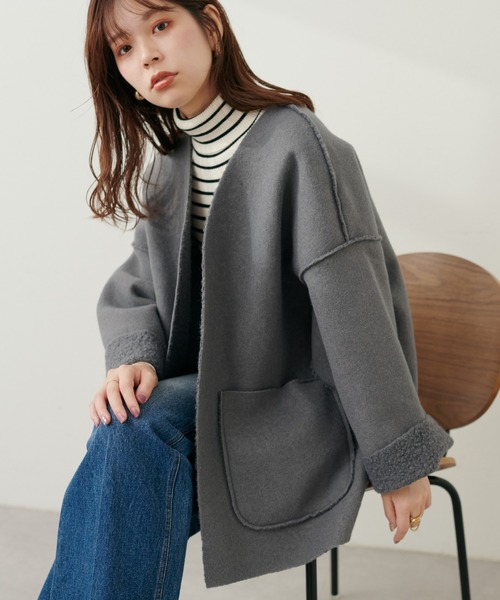 natural couture（ナチュラルクチュール）の「フェイクリングウールリバーシブルトッパー（ノーカラーコート・レディース・モカ/ライトベージュ/グレー/ブラック・FREE）」の11枚目の写真