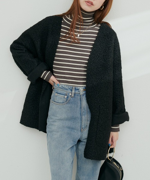 natural couture（ナチュラルクチュール）の「フェイクリングウールリバーシブルトッパー（ノーカラーコート・レディース・モカ/ライトベージュ/グレー/ブラック・FREE）」の7枚目の写真