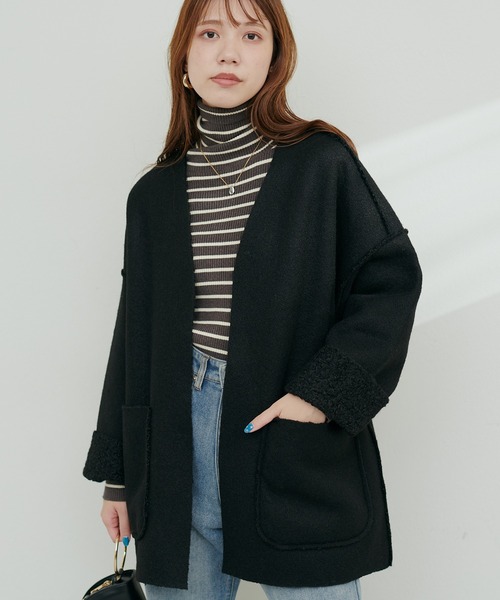 natural couture（ナチュラルクチュール）の「フェイクリングウールリバーシブルトッパー（ノーカラーコート・レディース・モカ/ライトベージュ/グレー/ブラック・FREE）」の5枚目の写真