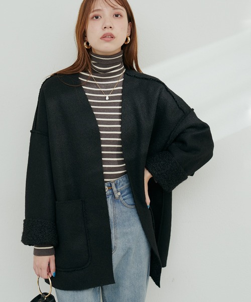 natural couture（ナチュラルクチュール）の「フェイクリングウールリバーシブルトッパー（ノーカラーコート・レディース・モカ/ライトベージュ/グレー/ブラック・FREE）」の6枚目の写真