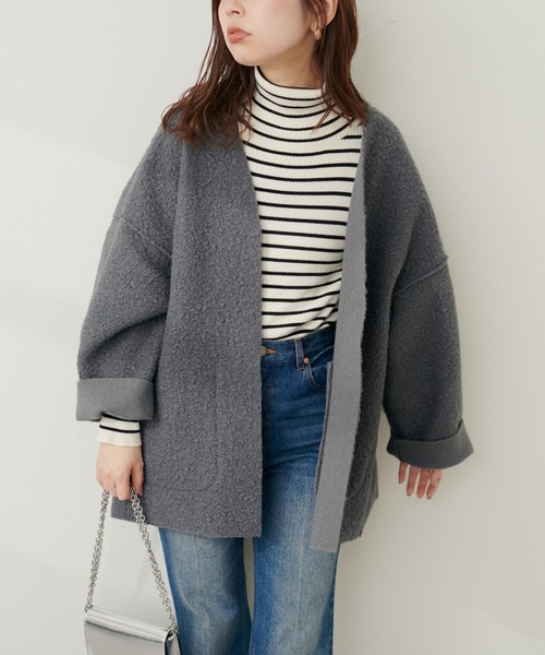 natural couture（ナチュラルクチュール）の「フェイクリングウールリバーシブルトッパー（ノーカラーコート・レディース・モカ/ライトベージュ/グレー/ブラック・FREE）」の14枚目の写真