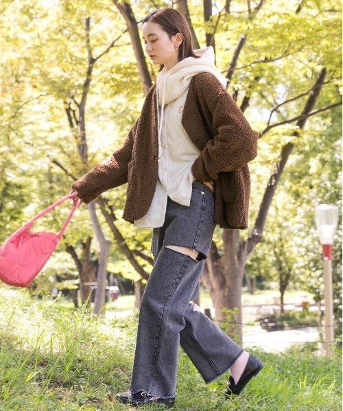 セール】ノーカラーポケ付き ボアジャケット（ノーカラージャケット