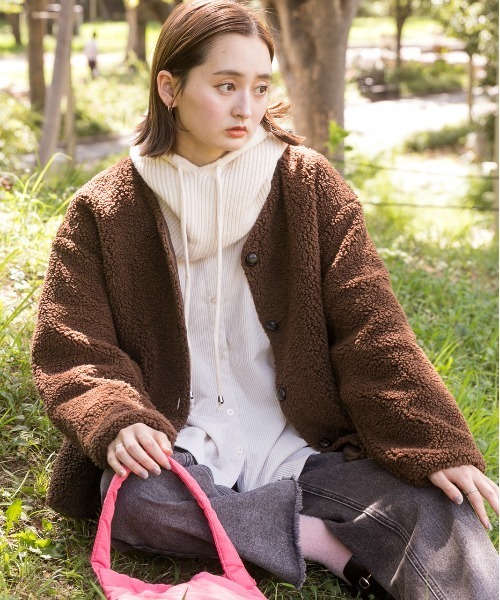 セール】ノーカラーポケ付き ボアジャケット（ノーカラージャケット