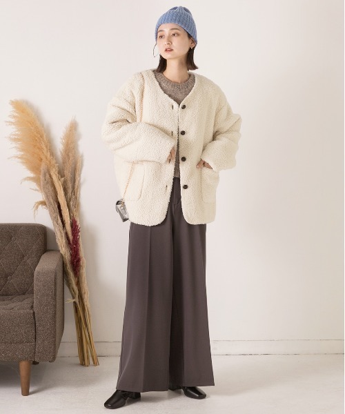 セール】ノーカラーポケ付き ボアジャケット（ノーカラージャケット