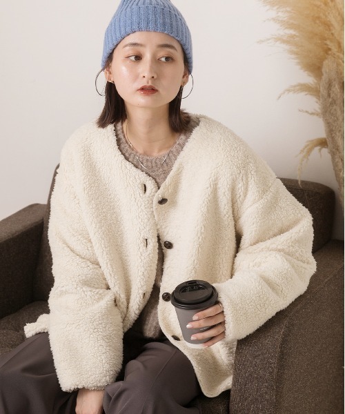 セール】ノーカラーポケ付き ボアジャケット（ノーカラージャケット