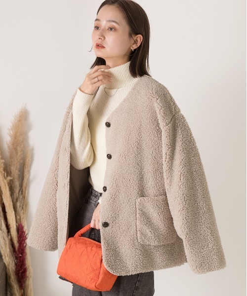 セール】ノーカラーポケ付き ボアジャケット（ノーカラージャケット