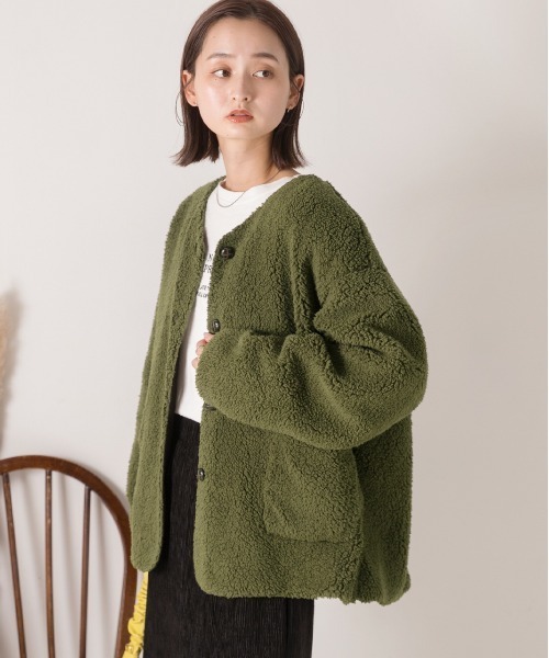 セール】ノーカラーポケ付き ボアジャケット（ノーカラージャケット