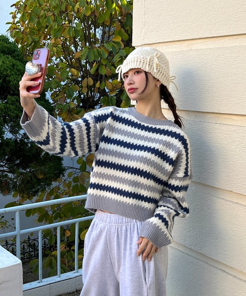 by muni:r（バイ ムニール）の「リボンニットバケットハット（ハット・レディース・アイボリー/ブラック・ONE SIZE）」の3枚目の写真