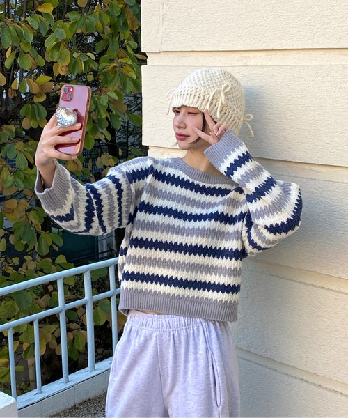 by muni:r（バイ ムニール）の「リボンニットバケットハット（ハット・レディース・アイボリー/ブラック・ONE SIZE）」の5枚目の写真