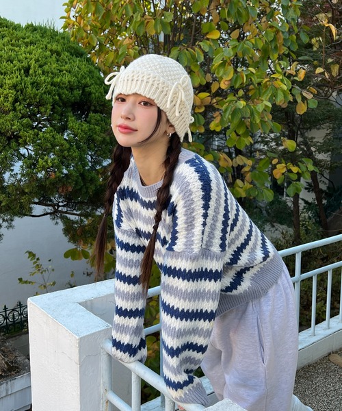 by muni:r（バイ ムニール）の「リボンニットバケットハット（ハット・レディース・アイボリー/ブラック・ONE SIZE）」の11枚目の写真