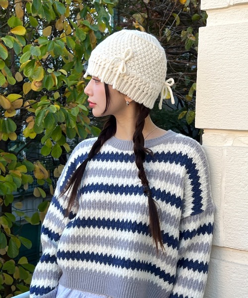 by muni:r（バイ ムニール）の「リボンニットバケットハット（ハット・レディース・アイボリー/ブラック・ONE SIZE）」の13枚目の写真