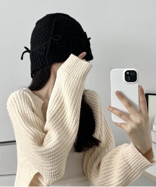 by muni:r（バイ ムニール）の「リボンニットバケットハット（ハット・レディース・アイボリー/ブラック・ONE SIZE）」の21枚目の写真