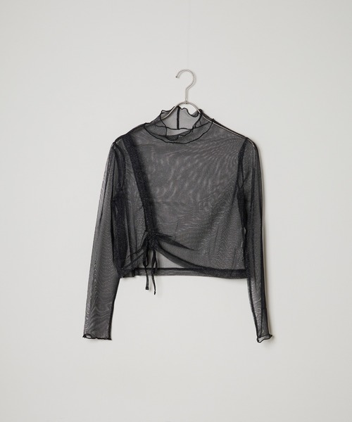 AO2(アオズ)の「Drawstring & Glitter Sheer Cut-and-Sew / ドロストデザイン ラメシアートップス(Tシャツ/カットソー・レディース・ピンクベージュ/ライトグレー/ブラック/サックスブルー・FREE)」の14枚目の写真