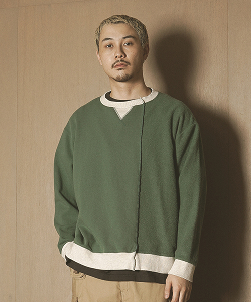 Name.（ネーム）の「【Name./ネーム】 ASYMMETRIC SWITCHING SWEAT SHIRT（スウェット・メンズ・ベージュ/グリーン・2）」の2枚目の写真