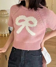 リボンジャガード半袖ニット