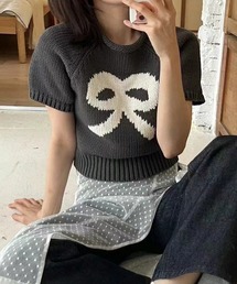 リボンジャガード半袖ニット