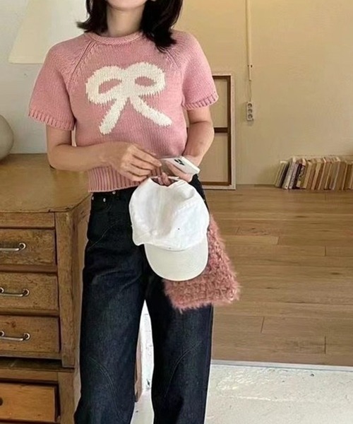 LYEON(リヨン)の「リボンジャガード半袖ニット(ニット/セーター・レディース・チャコールグレー/ピンク/アイボリー・FREE)」の13枚目の写真