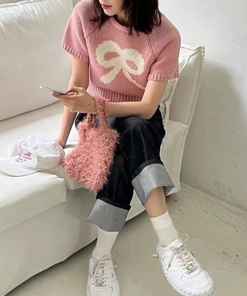 LYEON(リヨン)の「リボンジャガード半袖ニット(ニット/セーター・レディース・チャコールグレー/ピンク/アイボリー・FREE)」の12枚目の写真