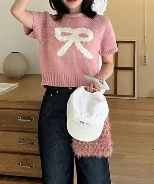 LYEON(リヨン)の「リボンジャガード半袖ニット(ニット/セーター・レディース・チャコールグレー/ピンク/アイボリー・FREE)」の11枚目の写真