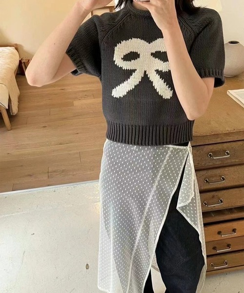 LYEON(リヨン)の「リボンジャガード半袖ニット(ニット/セーター・レディース・チャコールグレー/ピンク/アイボリー・FREE)」の10枚目の写真