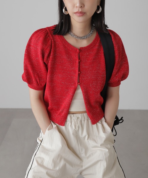 FREE'S MART（フリーズマート）の「◇ラメパフスリーブニットカーディガン（カーディガン/ボレロ・レディース・レッド/ブラック/ホワイト・FREE）」の3枚目の写真
