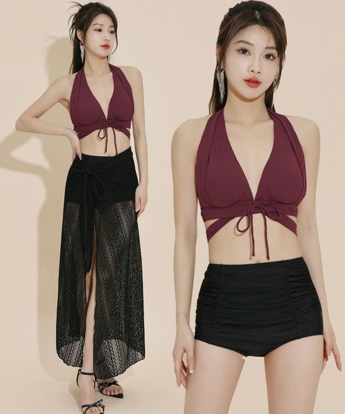 レディース水着 2WAYホルターネックバックリボンビキニ+ラップ