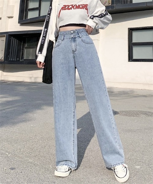 FREE STYLISTS(フリー スタイリスト)の「2ボタンハイウエストワイドデニムパンツ(デニムパンツ・レディース・ブルー/ブラック/ライトブルー・L/2XL/XL/M/S)」の2枚目の写真