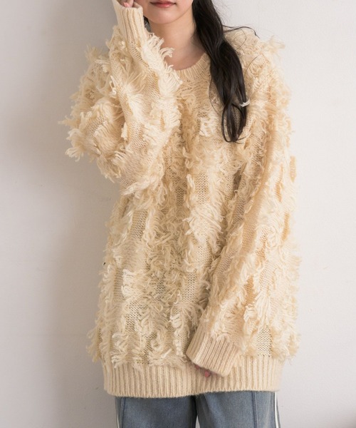 RETRO GIRL(レトロガール)の「【S/Lサイズ】フリンジPO(ニット/セーター・レディース・チャコールグレー/ダークブルー/ナチュラル・LARGE/SMALL)」の1枚目の写真