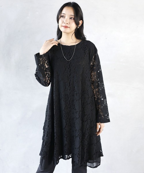 チュニック丈トップス レース(ブラック)（その他トップス