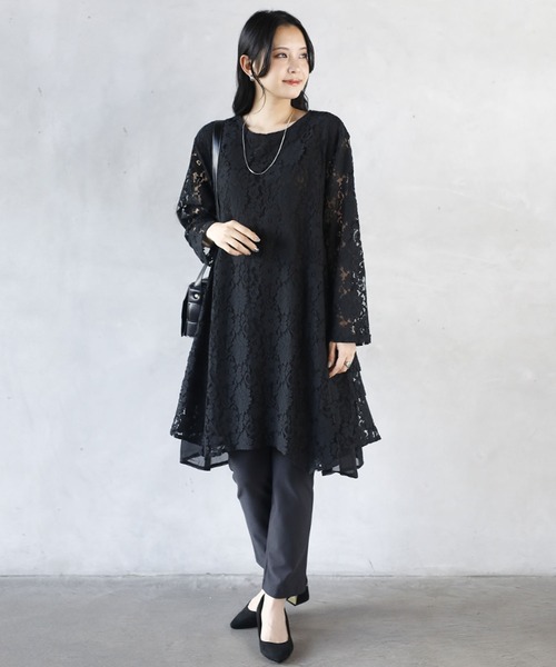 チュニック丈トップス レース(ブラック)（その他トップス