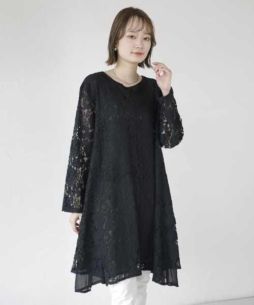 新品 タグ付き シフォン レースチュニック ブラック セール】 バルーン袖スカラップ刺繍レースチュニック （シャツ