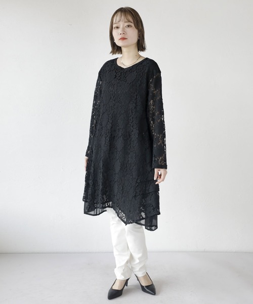 チュニック丈トップス レース(ブラック)（その他トップス