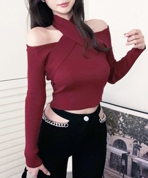 ショート丈トップス へそ出し リブニット