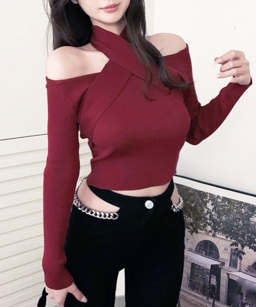 Miniministore(ミニミニストア)の「ショート丈トップス へそ出し リブニット(ニット/セーター・レディース・ホワイト/ブラック/ブルー/ワインレッド・FREE)」の2枚目の写真