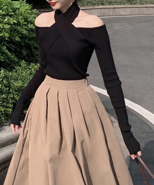 Miniministore(ミニミニストア)の「ショート丈トップス へそ出し リブニット(ニット/セーター・レディース・ホワイト/ブラック/ブルー/ワインレッド・FREE)」の9枚目の写真
