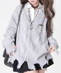 lilful（リルフル）の「ワンポイントシルバーアクセント クラッシュダブルジップ ニットカーディガントップス（ニット/セーター）」