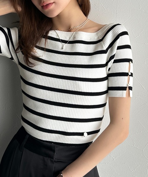 mily bilet（ミウィビレット）の「【mily bilet】大人可愛い抜け感！袖開きボタンサマーニット(半袖)（Tシャツ/カットソー・レディース・ブラック/アイボリー/ホワイト×ブラック/ライトグレー・LARGE/MEDIUM/SMALL/X-LARGE）」の15枚目の写真