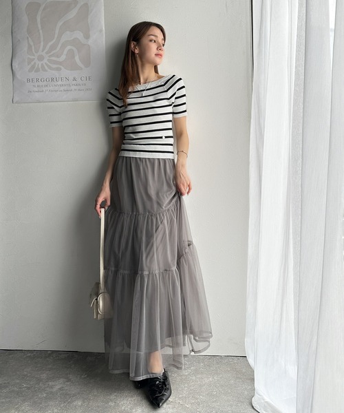 mily bilet（ミウィビレット）の「【mily bilet】大人可愛い抜け感！袖開きボタンサマーニット(半袖)（Tシャツ/カットソー・レディース・ブラック/アイボリー/ホワイト×ブラック/ライトグレー・LARGE/MEDIUM/SMALL/X-LARGE）」の17枚目の写真