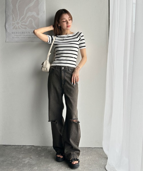mily bilet（ミウィビレット）の「【mily bilet】大人可愛い抜け感！袖開きボタンサマーニット(半袖)（Tシャツ/カットソー・レディース・ブラック/アイボリー/ホワイト×ブラック/ライトグレー・LARGE/MEDIUM/SMALL/X-LARGE）」の6枚目の写真