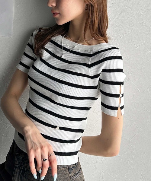 mily bilet（ミウィビレット）の「【mily bilet】大人可愛い抜け感！袖開きボタンサマーニット(半袖)（Tシャツ/カットソー・レディース・ブラック/アイボリー/ホワイト×ブラック/ライトグレー・LARGE/MEDIUM/SMALL/X-LARGE）」の9枚目の写真