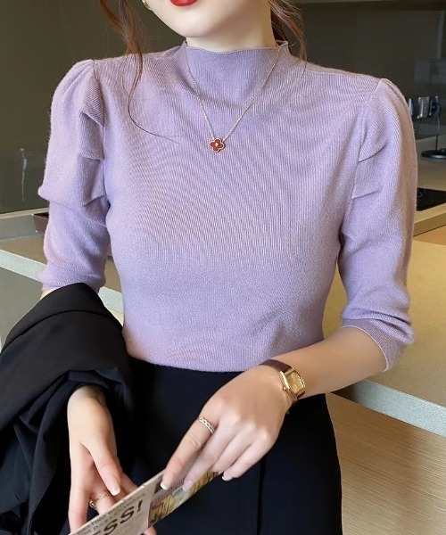 Coo+i(クーイ)の「5分袖パワーショルダーニット(ニット/セーター・レディース・ブラック/ブルー/パープル/オレンジ/ホワイト/ブラウン・FREE)」の5枚目の写真