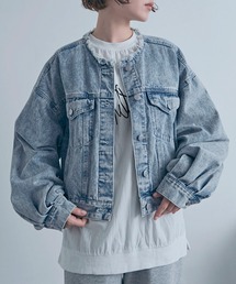 Social GIRL | ボリューム袖 ショート丈 カットオフ ノーカラーデニムジャケット Gジャン(デニムジャケット)