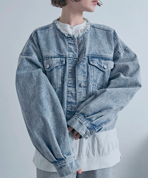 Social GIRL（ソーシャルガール）の「ボリューム袖 ショート丈 カットオフ ノーカラーデニムジャケット Gジャン（デニムジャケット・レディース・ブラック/ライトブルー/ブルー・M/L）」の10枚目の写真