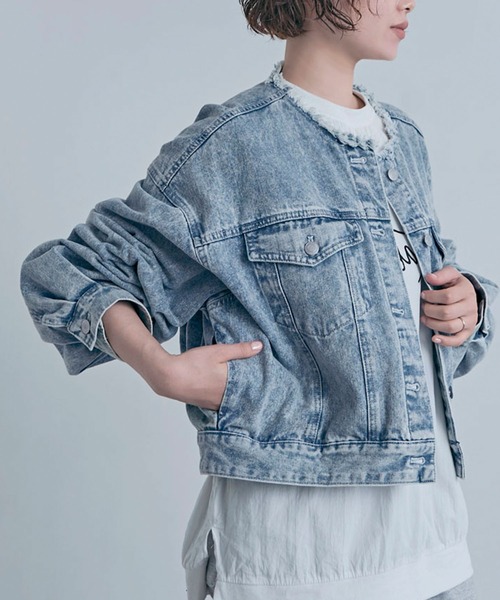 Social GIRL（ソーシャルガール）の「ボリューム袖 ショート丈 カットオフ ノーカラーデニムジャケット Gジャン（デニムジャケット・レディース・ブラック/ライトブルー/ブルー・M/L）」の11枚目の写真