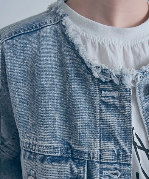 Social GIRL（ソーシャルガール）の「ボリューム袖 ショート丈 カットオフ ノーカラーデニムジャケット Gジャン（デニムジャケット・レディース・ブラック/ライトブルー/ブルー・M/L）」の12枚目の写真